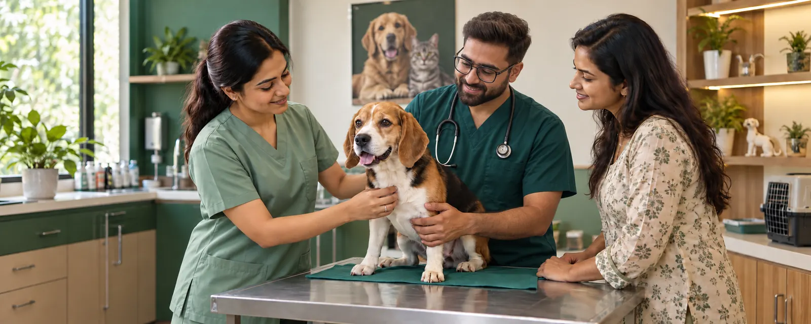 Dr. Sourabh Grover and the clinic Coordinator caring for a dog with its owner in a representative clinic scene