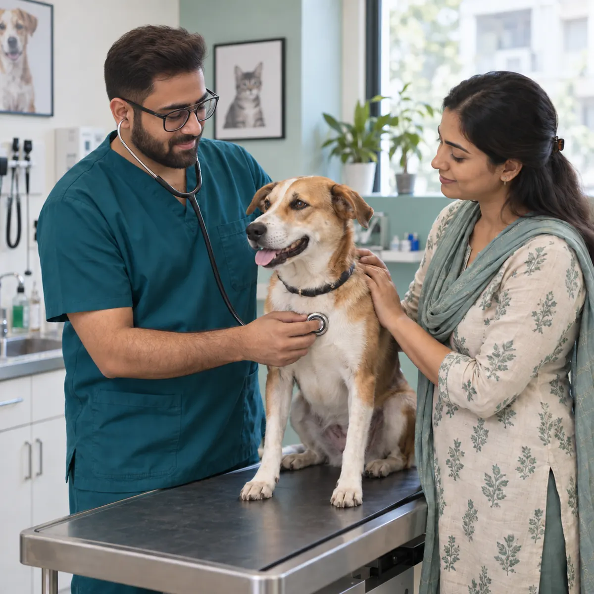 Dr. Sourabh Grover examining a dog with its owner in a representative clinic scene