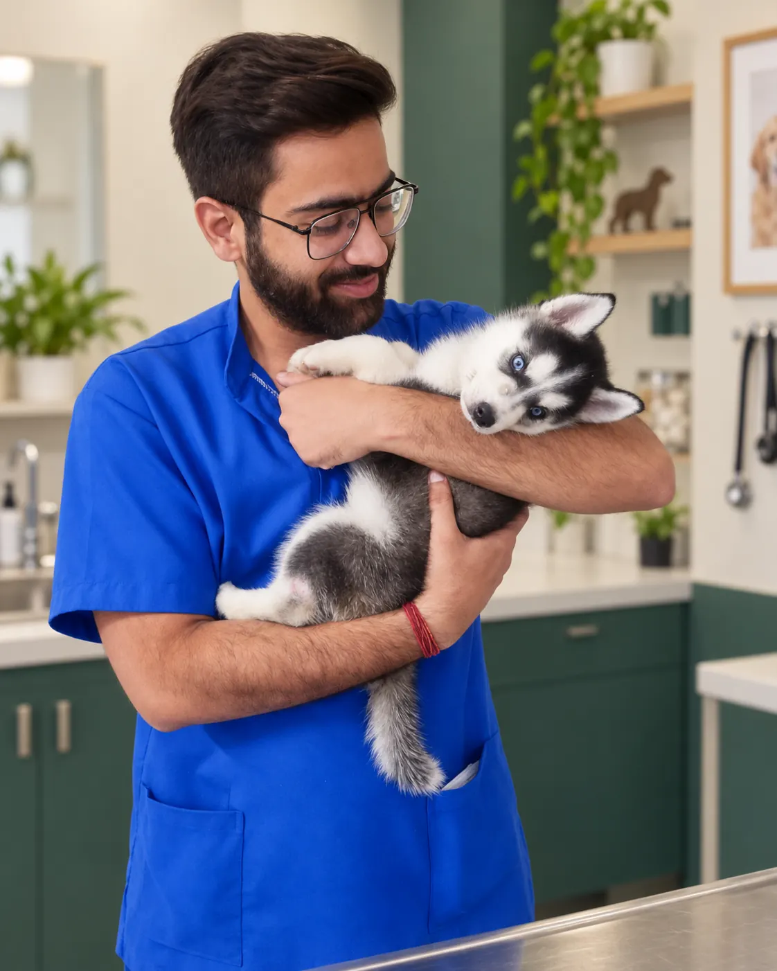 Dr. Sourabh Grover holding a husky puppy at the clinic